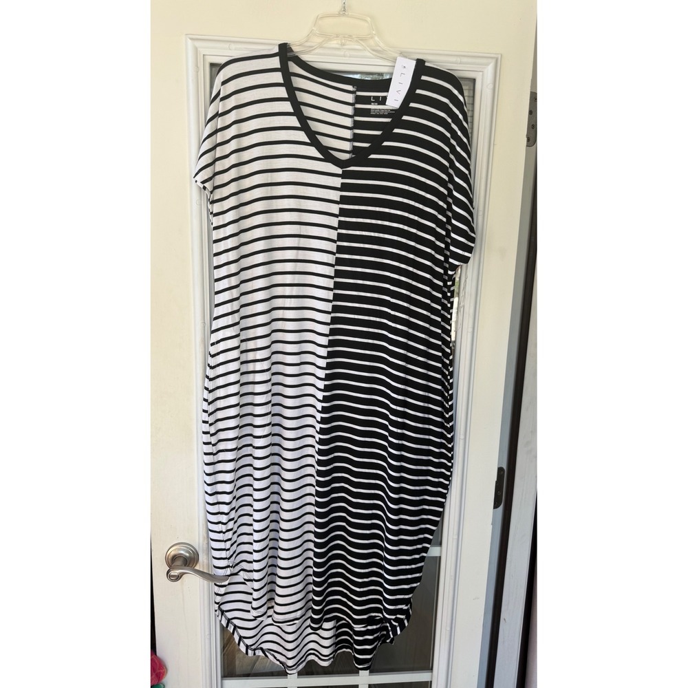 LIVI black/white half&half striped V-neck midi dress curved hem pockets flowy